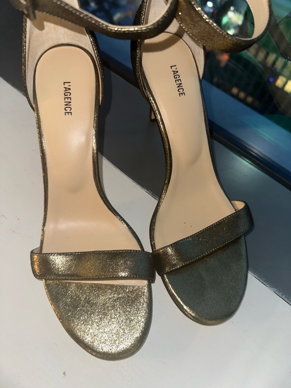 L'AGENCE Metallic Gold Single-Band Ankle-Strap Heels